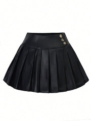 Women's Black PU Leather Pleated Mini Skirt High Waisted Gothic Punk Style
