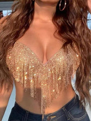 Women's Rhinestone Fringe Tassel Crop Top Gold Glitter Party Wear
