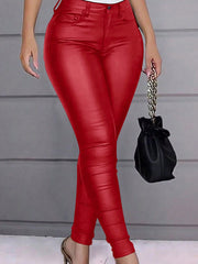 Women's Red Faux Leather Skinny Pants - High Waist Stretchy Slim Fit Leather Pants, Fashionable Casual Pencil Trousers
