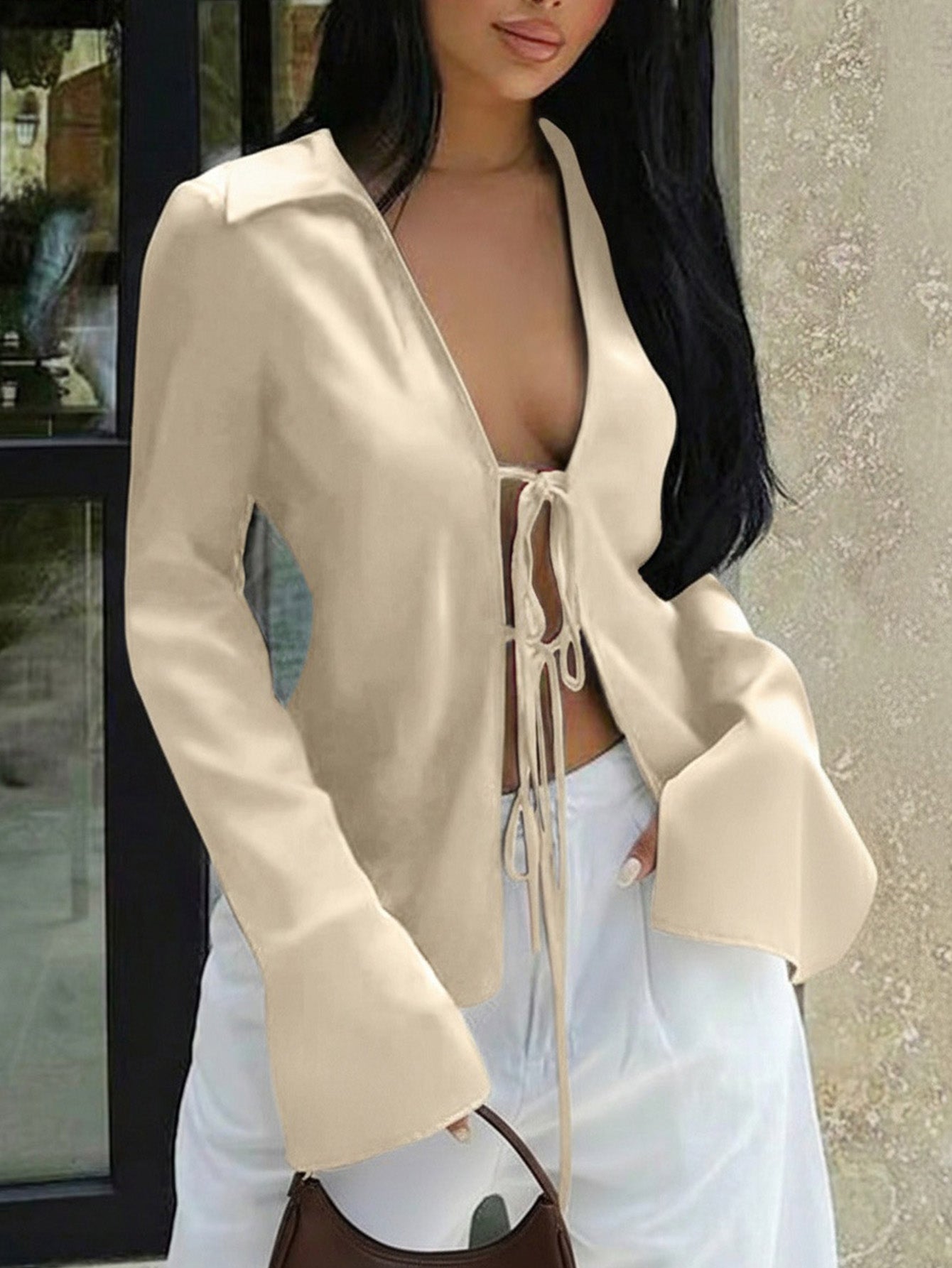 Women's Apricot Satin Tie-Front Long Sleeve Top with V-Neck