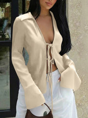 Women's Apricot Satin Tie-Front Long Sleeve Top with V-Neck