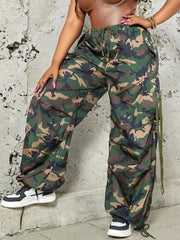 Women's Green Camouflage Polyamide Drawstring Multi-Pocket Loose Cargo Pants