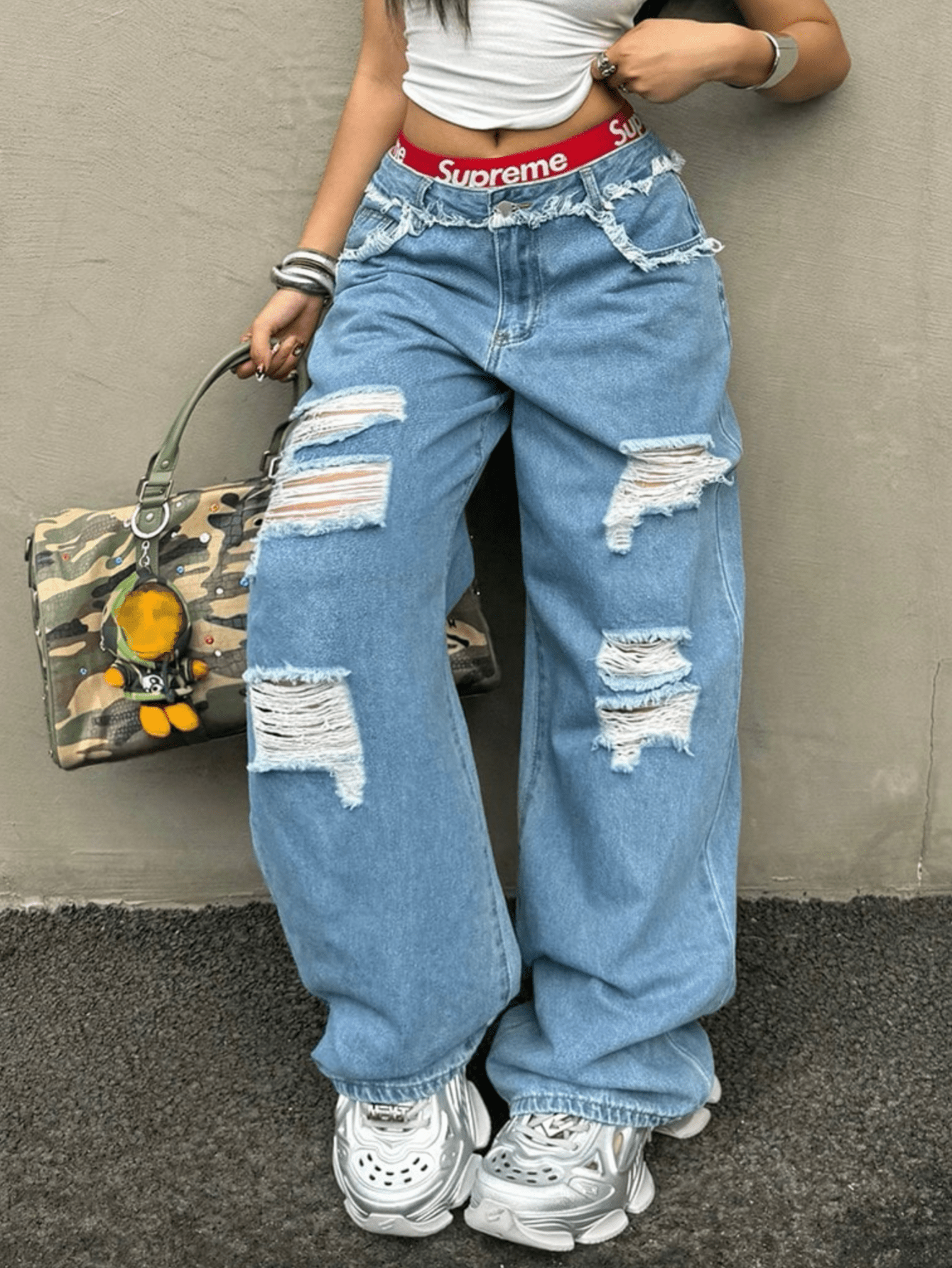 Women's Light Blue Distressed Wide-Leg Ripped Denim Jeans