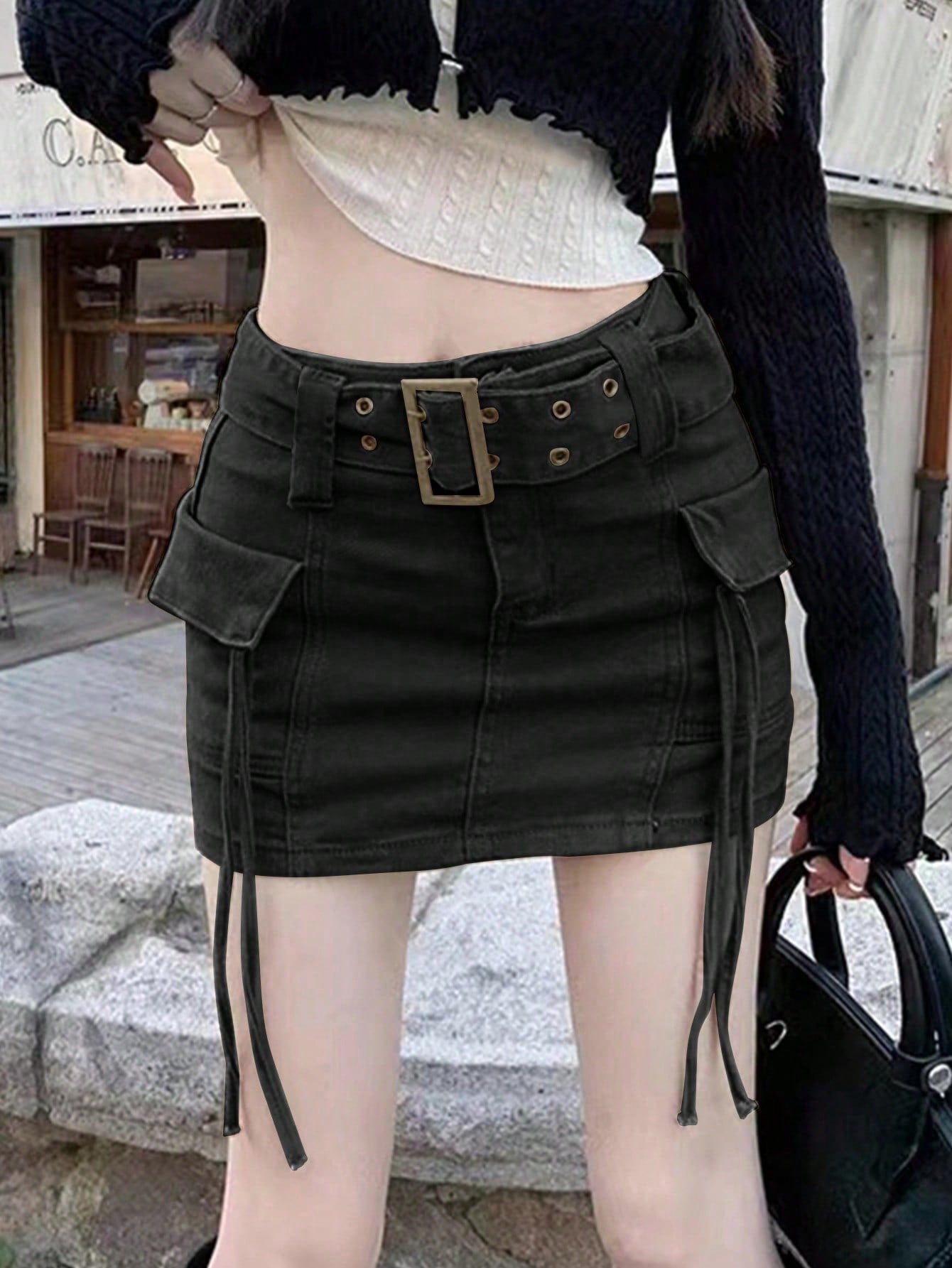 Women's High Waist Cargo Mini Skirt with Belt and Pockets Y2K Aesthetic Streetwear