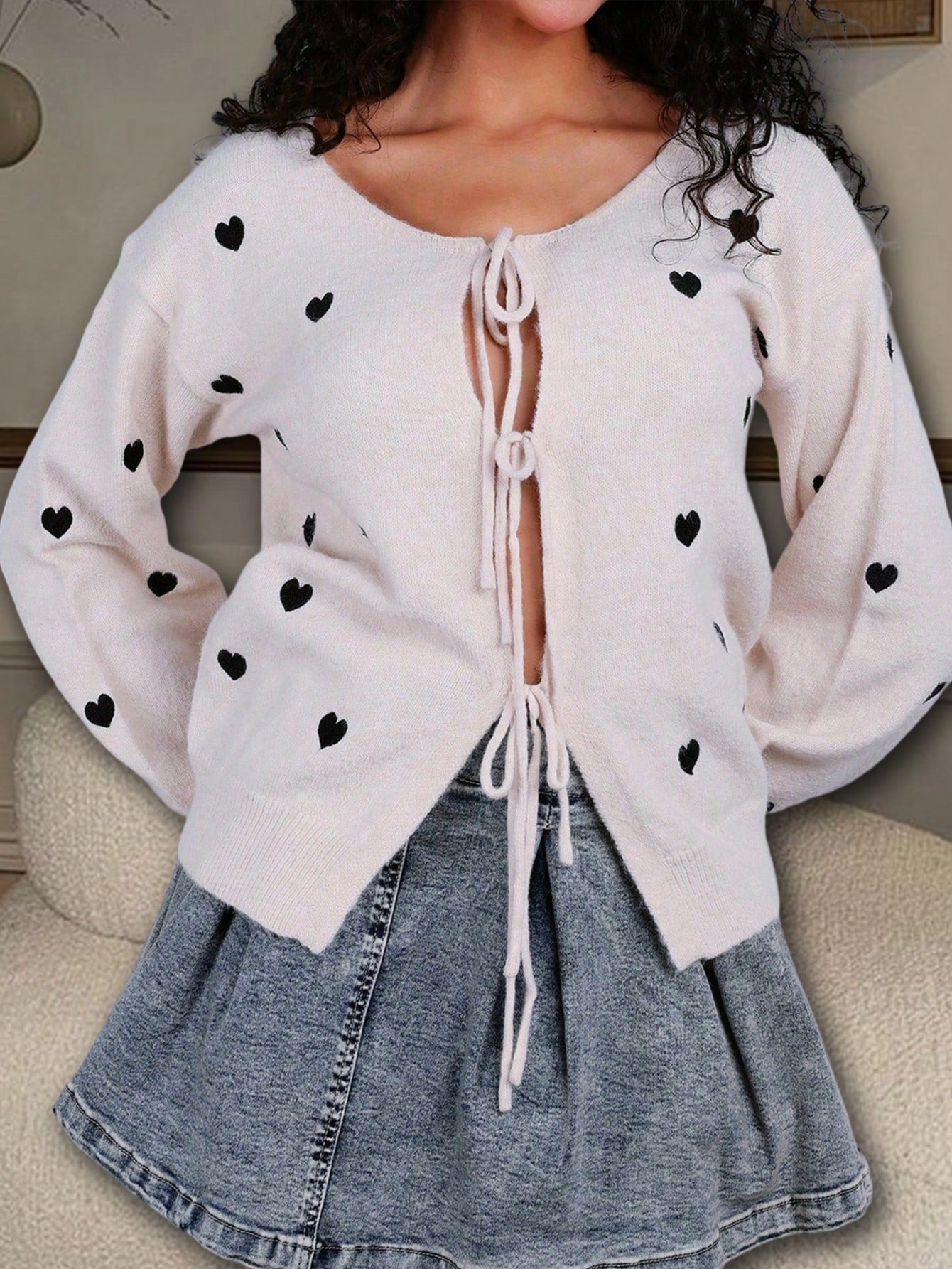 Women's Charming Apricot Knit Cardigan with Black Heart Embroidery and Tie-Front
