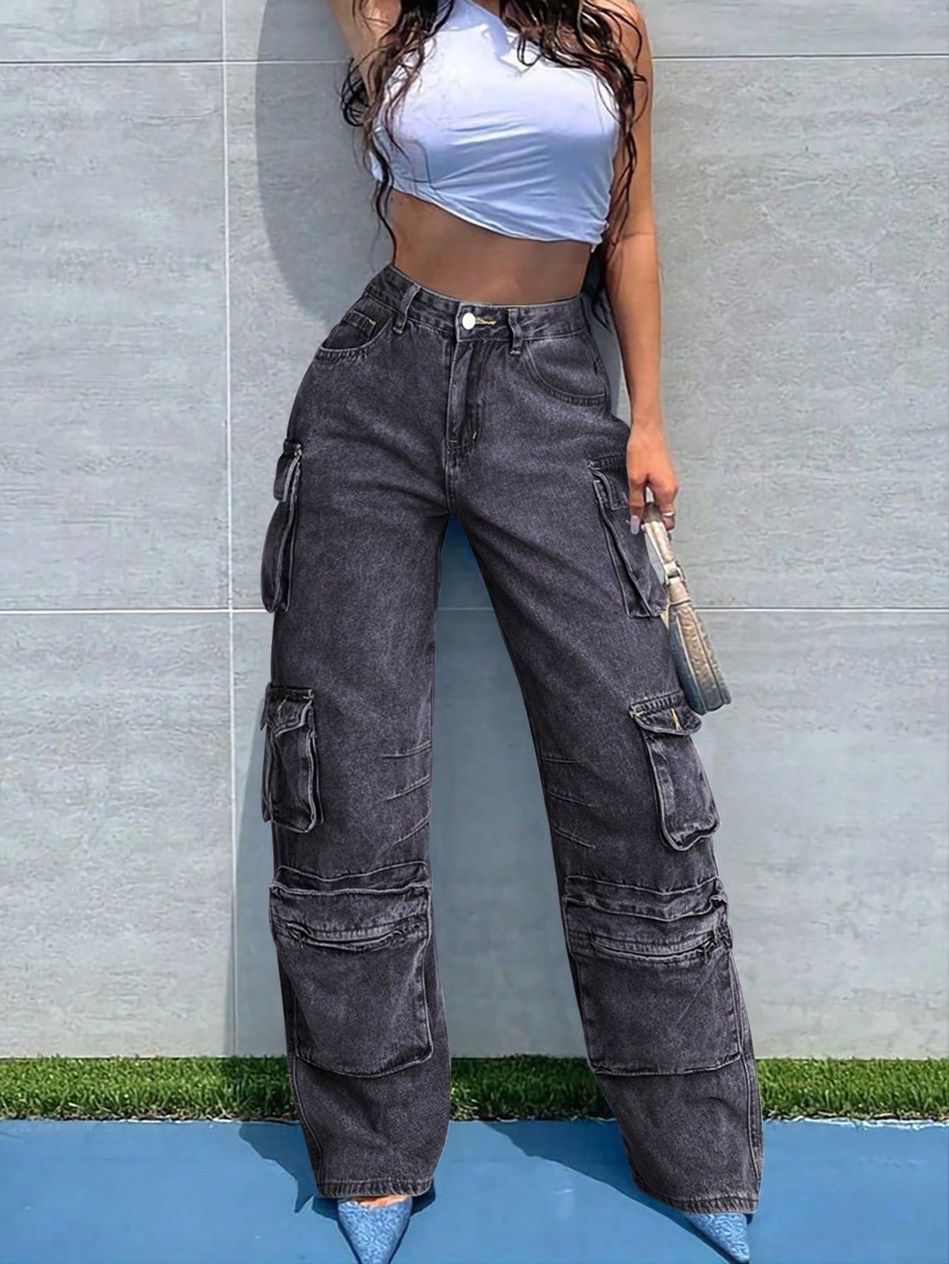 Women's Smoke Black Denim Full-length wide-leg jeans with wide-leg