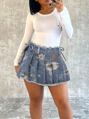 Women's Blue Floral Print Pleated Denim Mini Skirt with Bow-Tie Waist