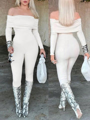 Women's Apricot Off-Shoulder Ribbed Knit Bodycon Long Sleeve Jumpsuit