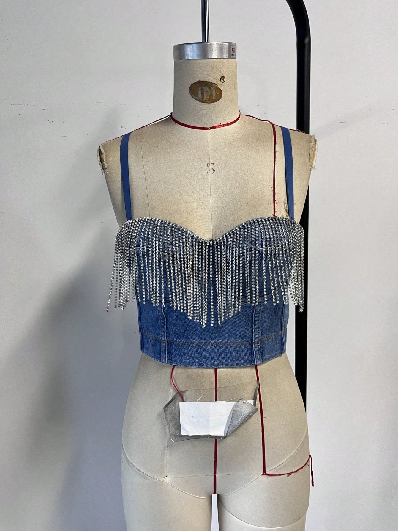 Women's Denim Blue Rhinestone Crystal Fringe Sweetheart Corset Crop Top