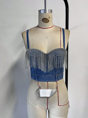 Women's Denim Blue Rhinestone Crystal Fringe Sweetheart Corset Crop Top