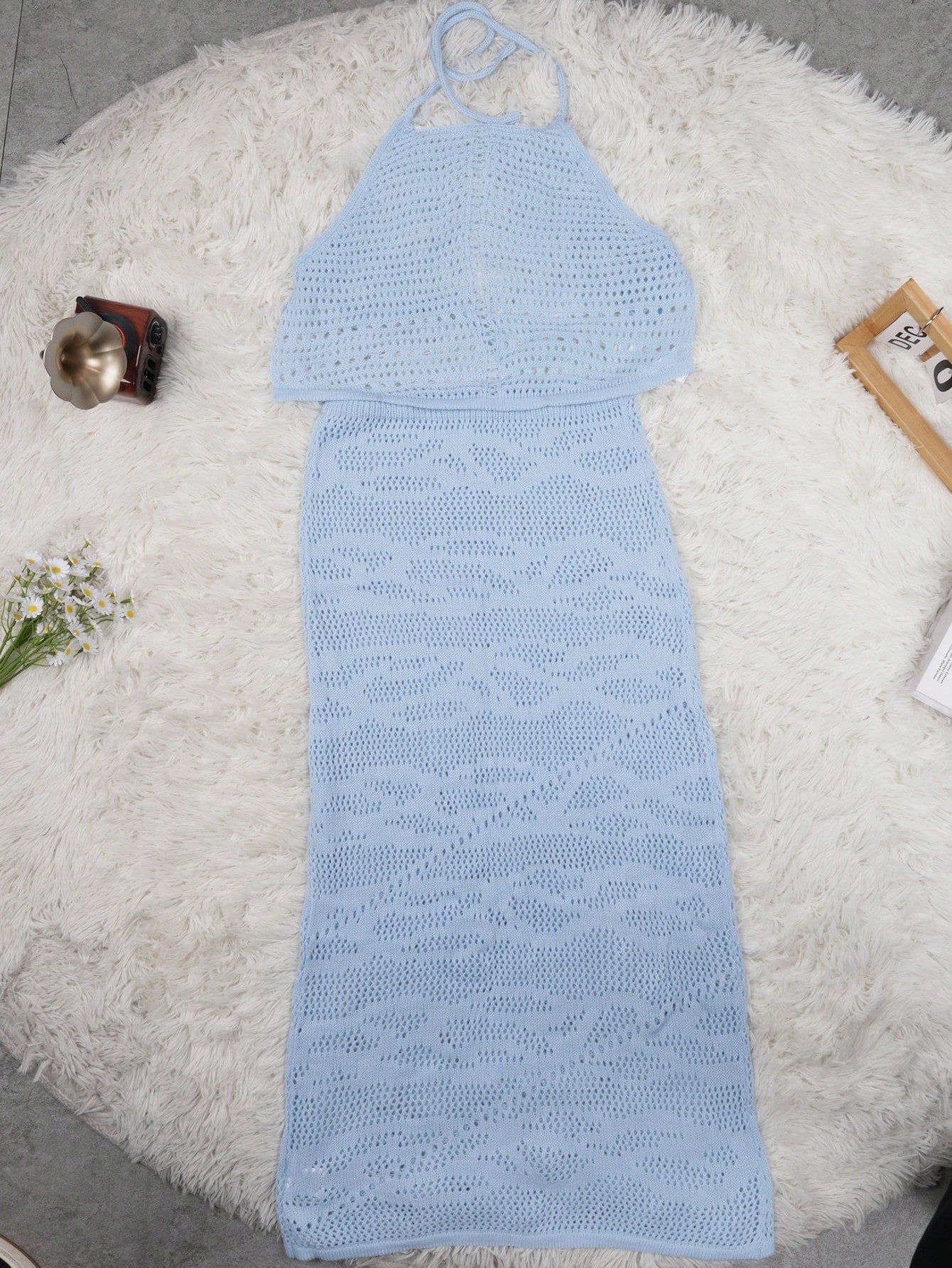 Women's Light Blue Crochet Halter Crop Top and Maxi Skirt Two-Piece Set