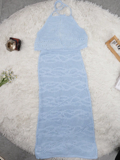 Women's Light Blue Crochet Halter Crop Top and Maxi Skirt Two-Piece Set