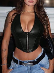Women's Women Sexy Black PU Leather Corset Top Halter Neck Backless Slimming Vest