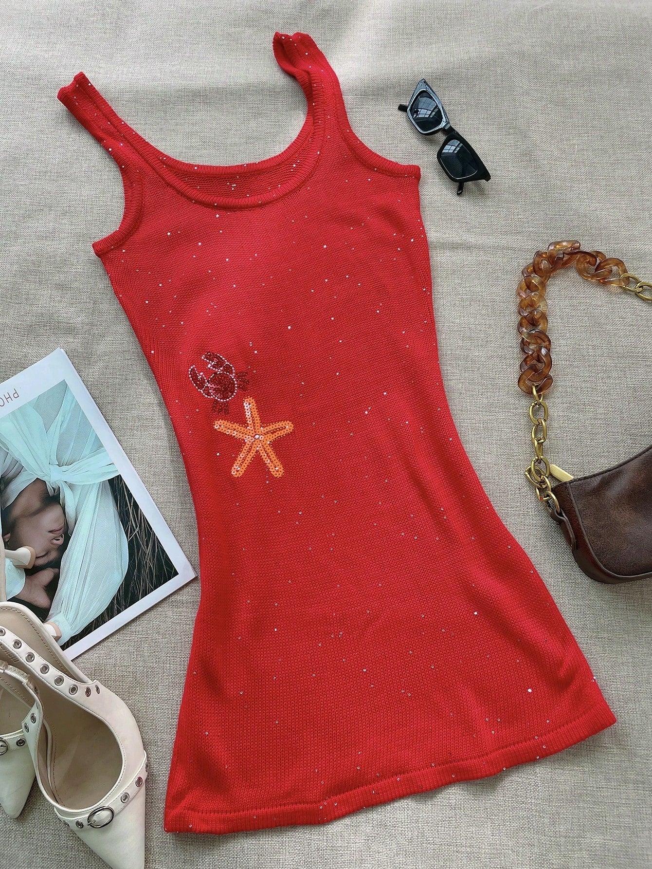 Women's Red Acrylic Knit Sleeveless Graphic Mini Dress with Sea Life Pattern