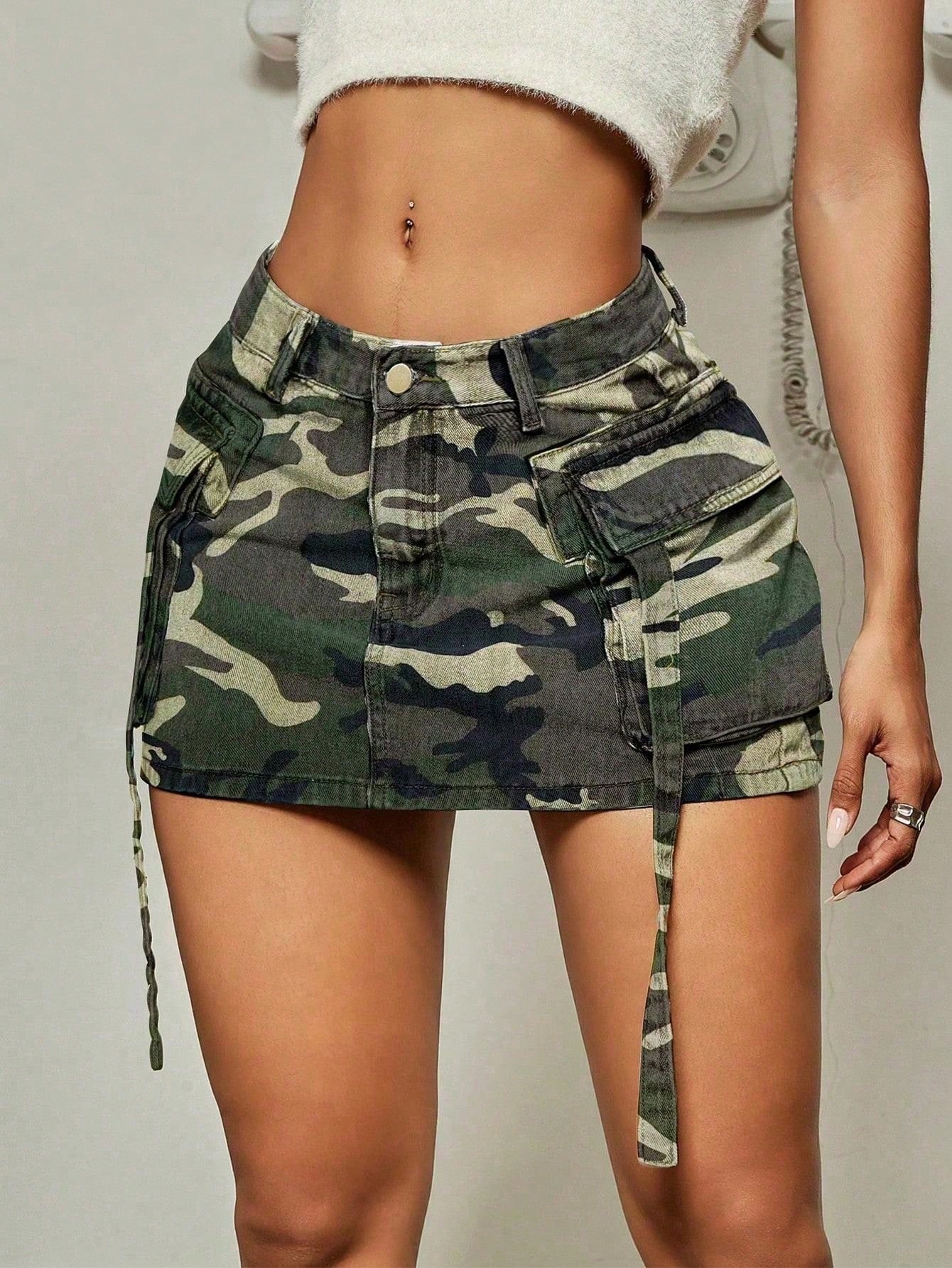 Women's High Waist Camo Denim Mini Skirt with Cargo Pockets Y2K Style Jean Skirts