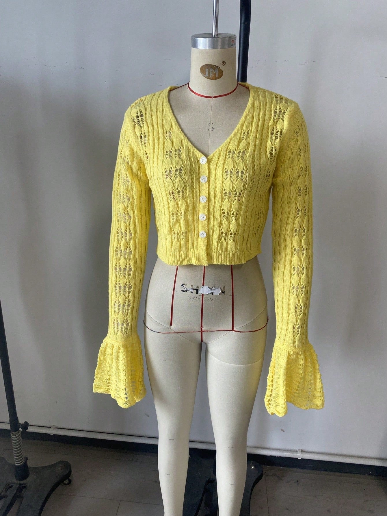 Women's Yellow Ribbed Knit Henley Top with Button Placket