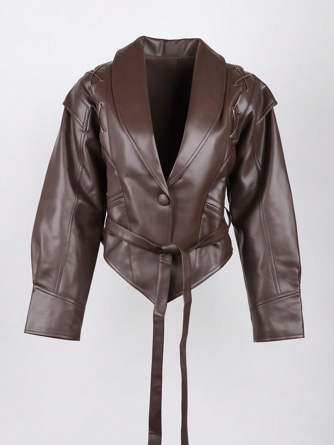 Women's Sleek Brown PU Leather Moto Jacket with Lace-Up Shoulder Detail
