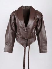 Women's Sleek Brown PU Leather Moto Jacket with Lace-Up Shoulder Detail