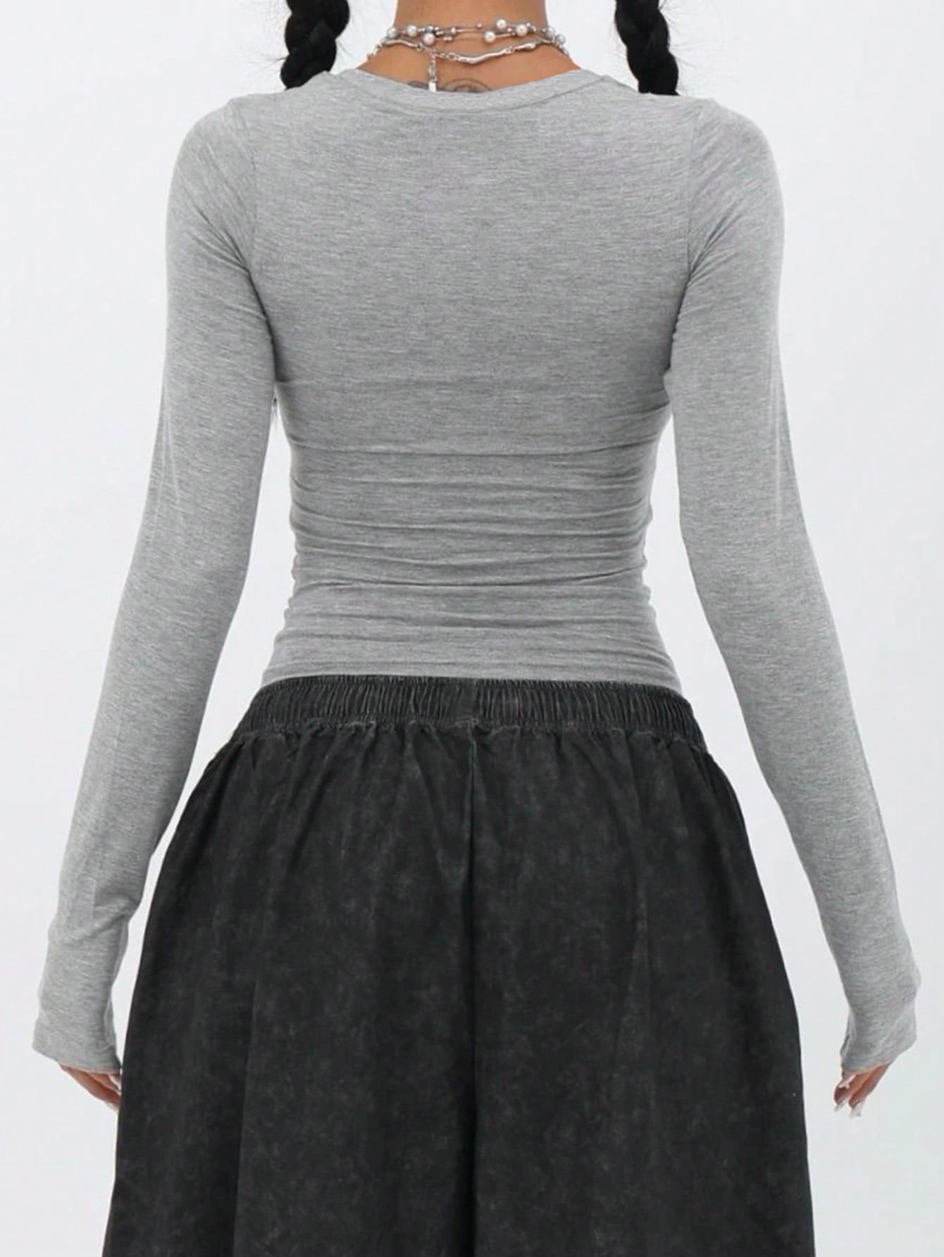 Women's Gray Polyester Blouse with long-sleeve