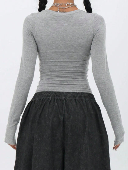 Women's Gray Polyester Blouse with long-sleeve