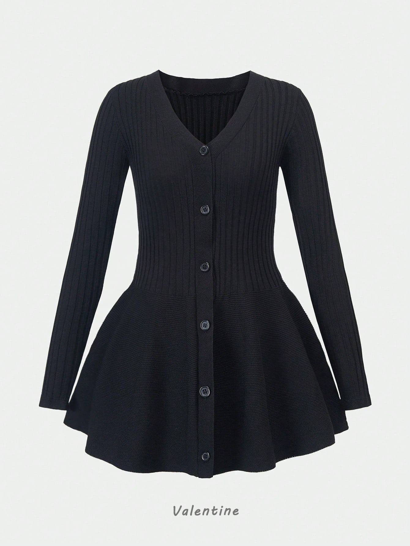 Women's Black Ribbed Knit Henley Top with Button Placket