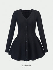 Women's Black Ribbed Knit Henley Top with Button Placket