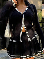 Women's Black Knit Cardigan and Pleated Skirt Set with Contrast White Trim