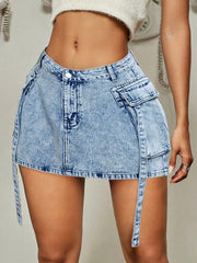 Women's Apperloth Acid Wash Light Blue Denim Mini Skirt Sexy Cargo Style