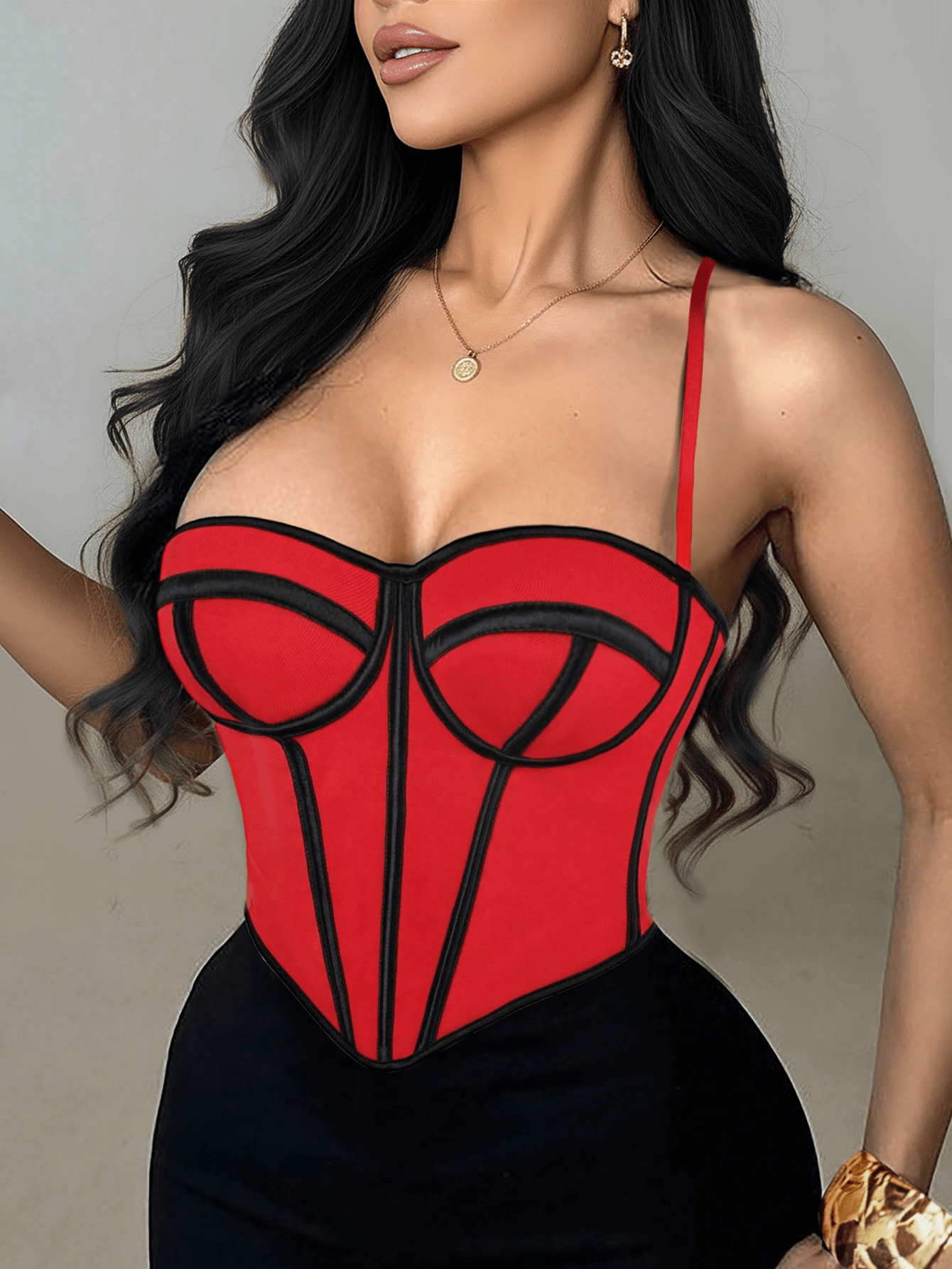 Women's Bold Red Bustier Corset Top with Black Contrast Trim
