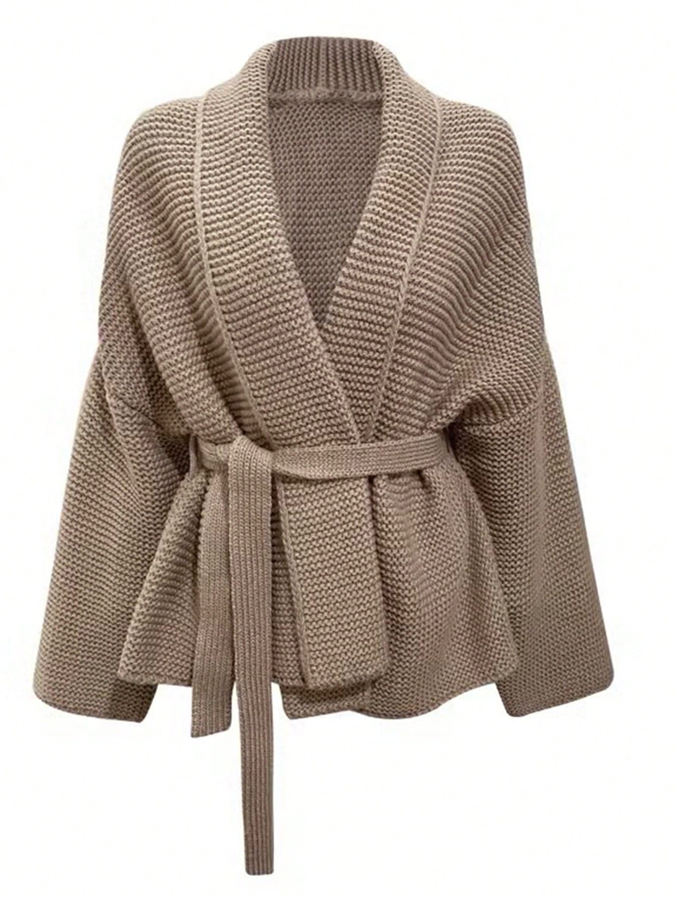 Women's Cozy Khaki Chunky Ribbed Knit Cardigan with Waist Tie