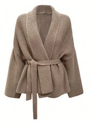 Women's Cozy Khaki Chunky Ribbed Knit Cardigan with Waist Tie