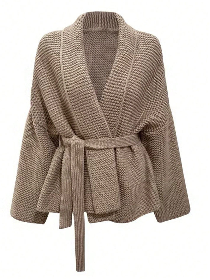 Women's Cozy Khaki Chunky Ribbed Knit Cardigan with Waist Tie
