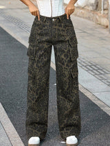 Women's Olive Leopard Print Wide Leg Cargo Pants