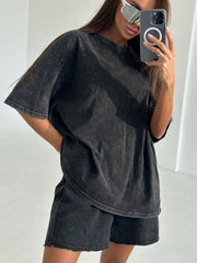 Women's Washed Black Viscose Oversized Crew Neck T-Shirt with Vintage Finish