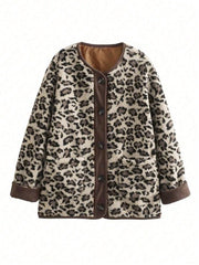 Women's Leopard Print Faux Fur Coat Button-Up Winter Cardigan Jacket