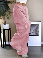 Women's Pink Cotton Full-length cargo pants with cargo pockets