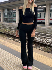 Black 2-Piece Co-Ord Set - Cropped Long-Sleeve Top & Wide-Leg Pants Casual Streetwear Outfit