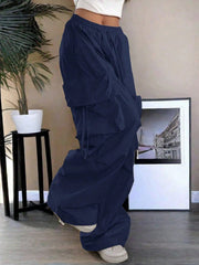 Women's Navy Blue Cotton Full-length cargo pants with cargo pockets