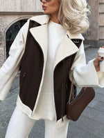 Women's Trendy Two-Tone Brown and White Shearling-Lined Biker Jacket