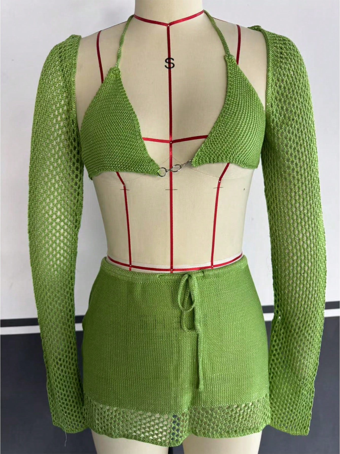 Women's Green Knit Two-Piece Set with Crop Top and Mini Skirt