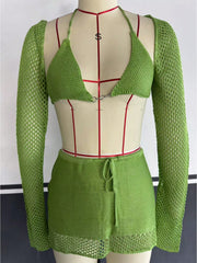 Women's Green Knit Two-Piece Set with Crop Top and Mini Skirt