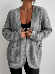 Women's Oversized Grey Open Front Knit Cardigan with Pockets
