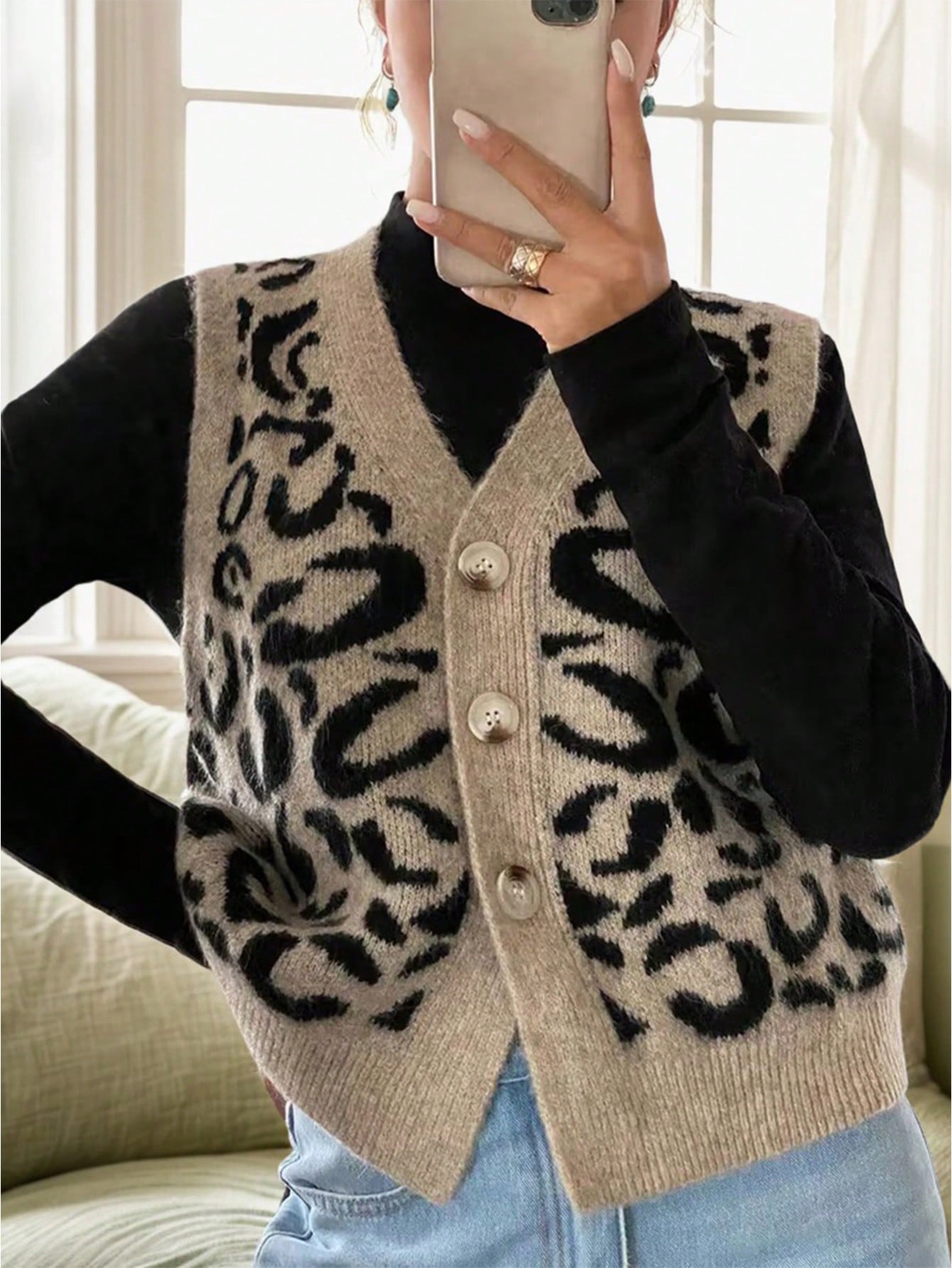 Women's Leopard Print Knit Cardigan Vest with Gold Buttons