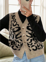 Women's Leopard Print Knit Cardigan Vest with Gold Buttons