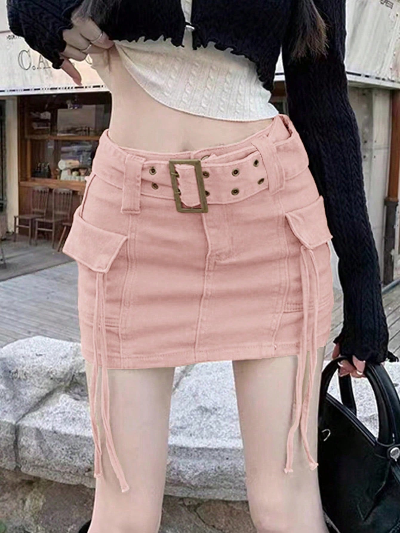 Women's Pink High Waist Cargo Denim Mini Skirt with Belt