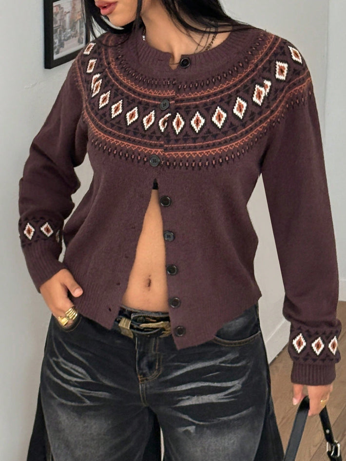 Women's Dark Brown Fair Isle Button-Up Cardigan Sweater