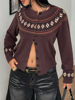 Women's Dark Brown Fair Isle Button-Up Cardigan Sweater