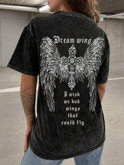 Women's Black Angel Graphic Back Print Short-Sleeve T-Shirt - Streetwear Inspired Casual & Edgy Daily Top