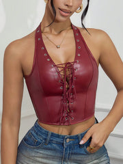 Women's Sexy Women's Wine Red Faux Leather Halter Corset Top Lace Up Bustier