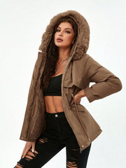 Women's Brown Hooded Puffer Coat, Short-Length Warm Winter Coat with Quilted Design